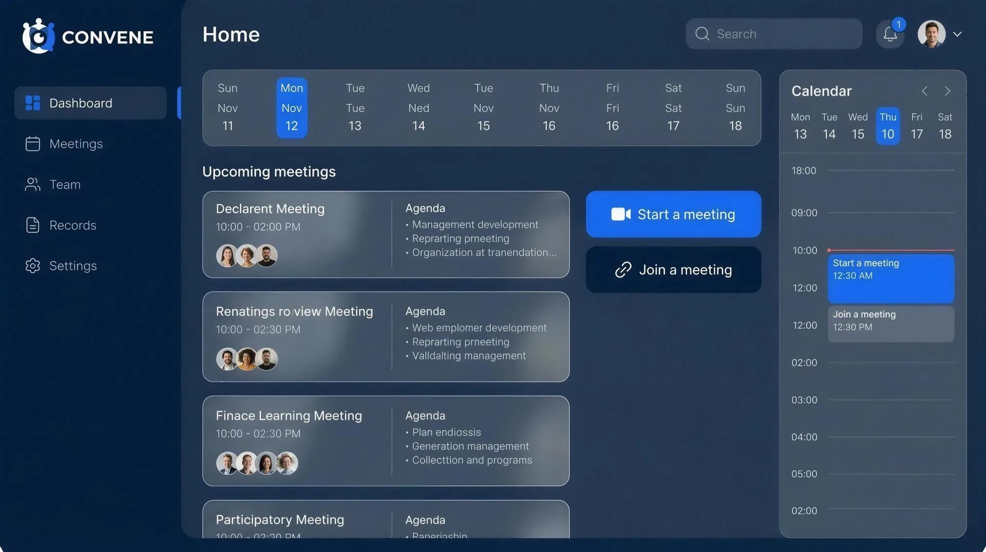 The Convene dashboard, showing upcoming meetings, recent recordings and workspace activity in a single view.