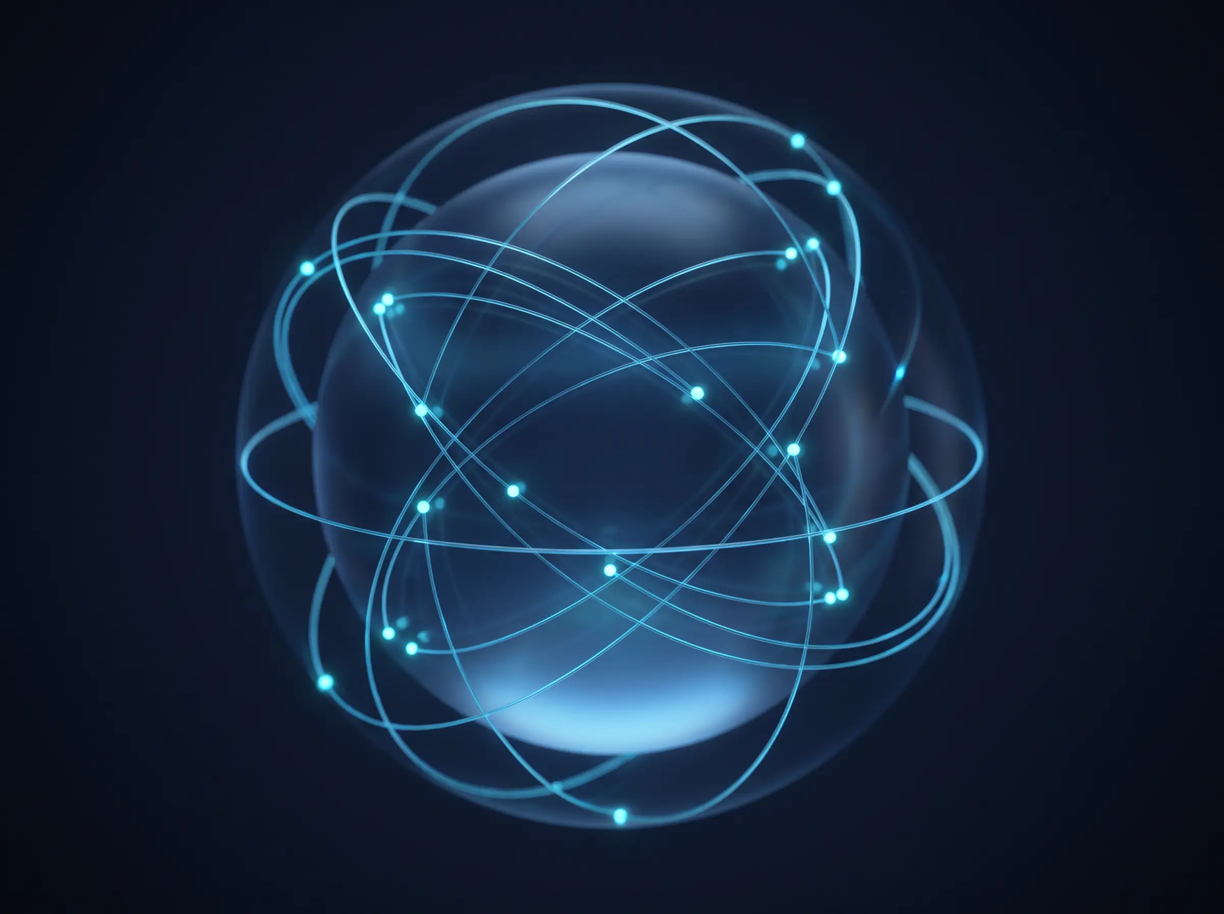 A frosted glass globe encircled by glowing cyan orbital arcs connecting nodes across continents.