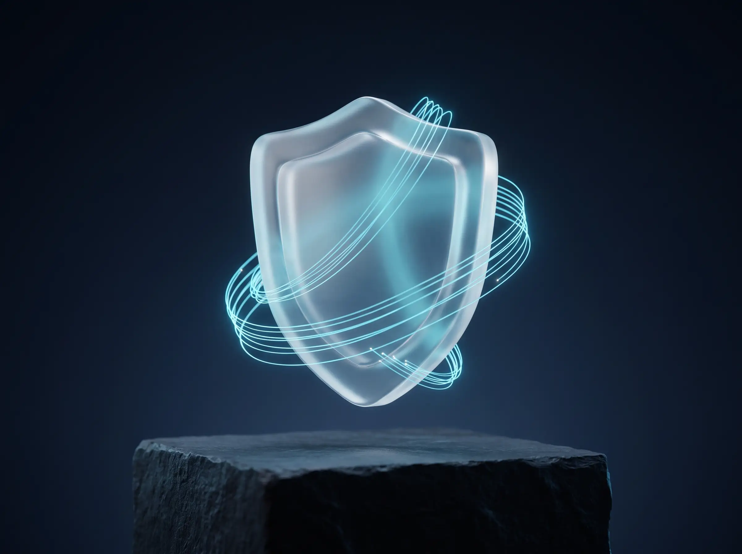 A frosted glass shield wrapped in luminous cyan filaments, representing encrypted meeting traffic.