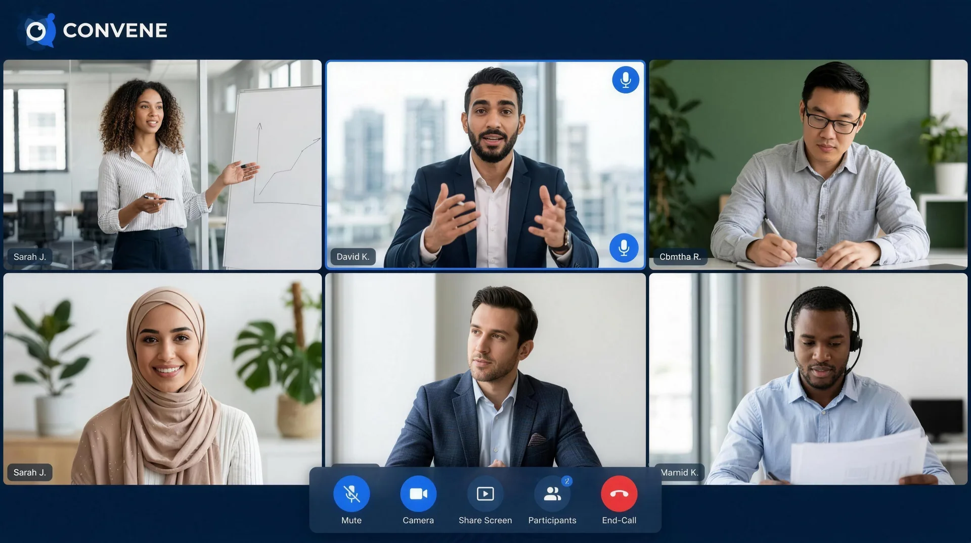 A Convene meeting in gallery view, showing six participants in an evenly sized grid.