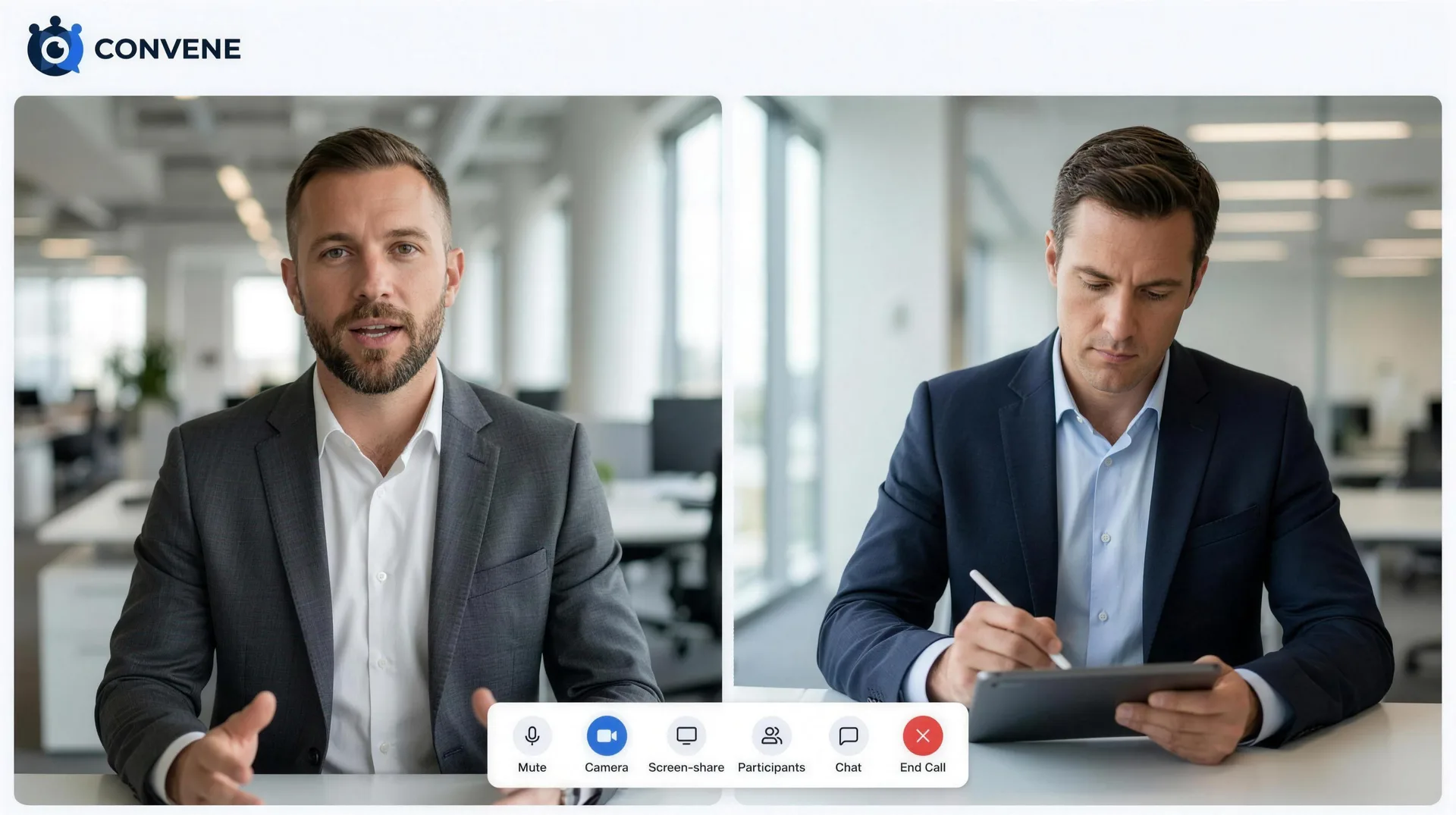 Two colleagues in a video call on Convene, talking over a shared agenda.