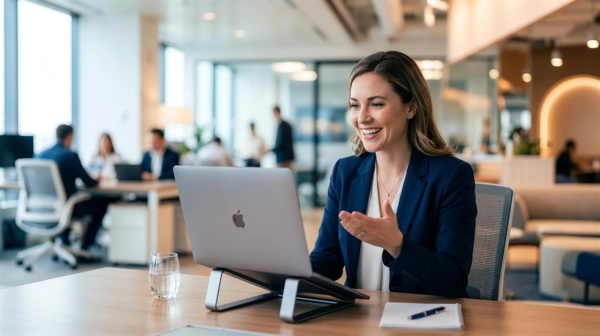A businesswoman joining a Convene call from her desk.