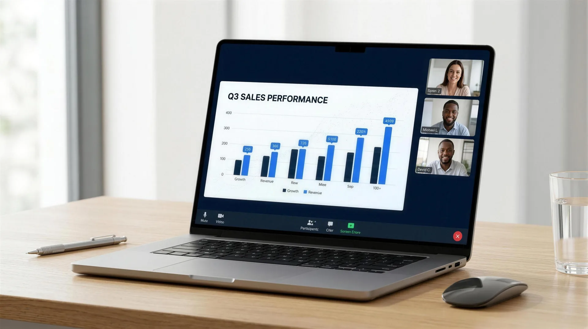A Convene call sharing a screen, with the presenter's document filling the stage and participants in a side strip.